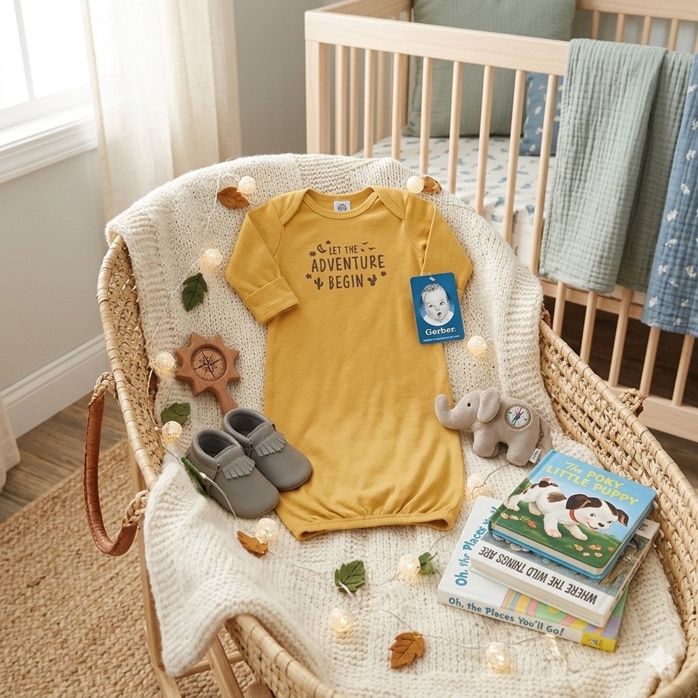 Gerber Baby Gown 0-6M Yellow Let The Adventure Begin Long Sleeve Cotton NWT